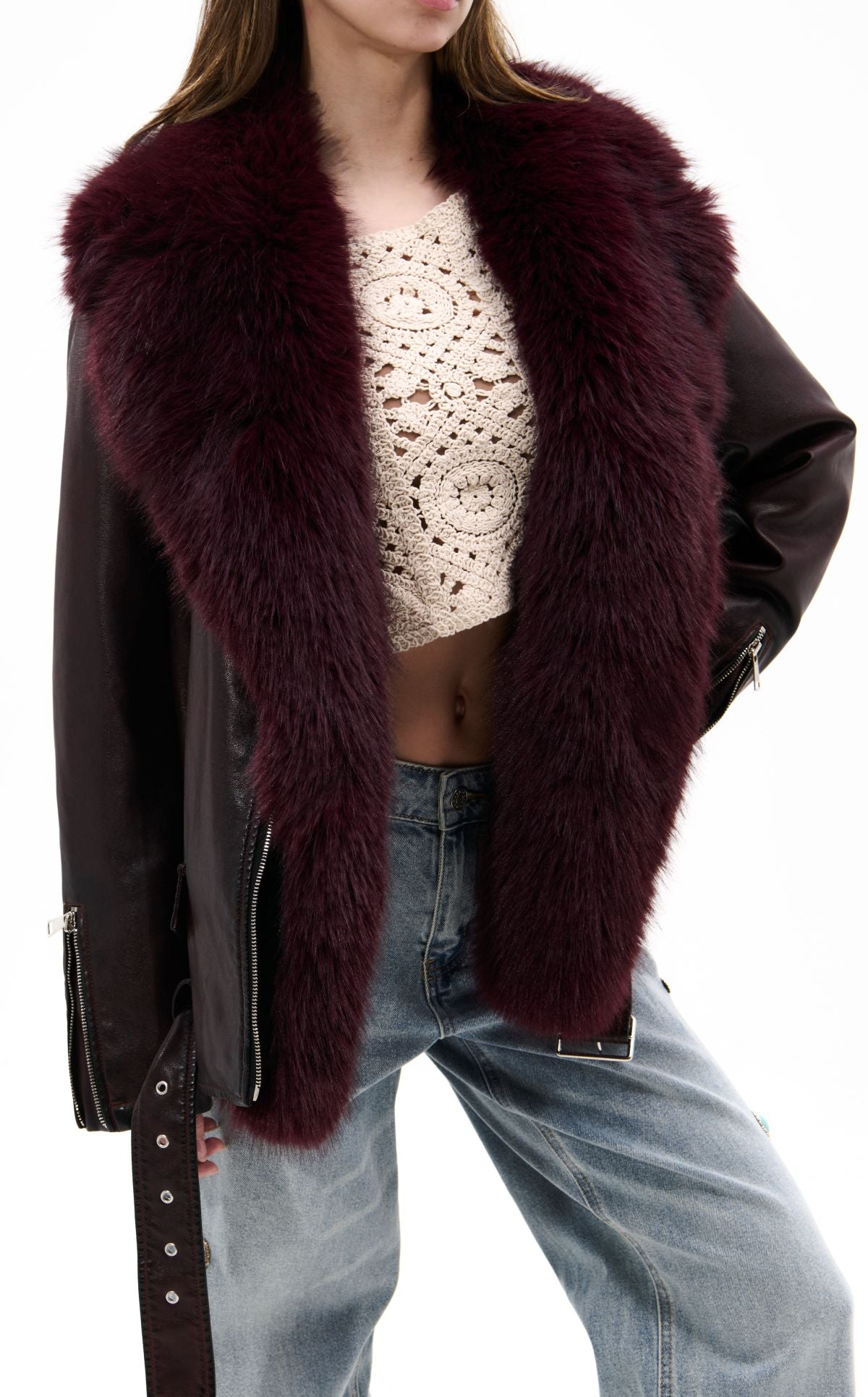 AURELIA-BURGUNDY MOTO, FAUX FUR JACKET | AZALEA WANG