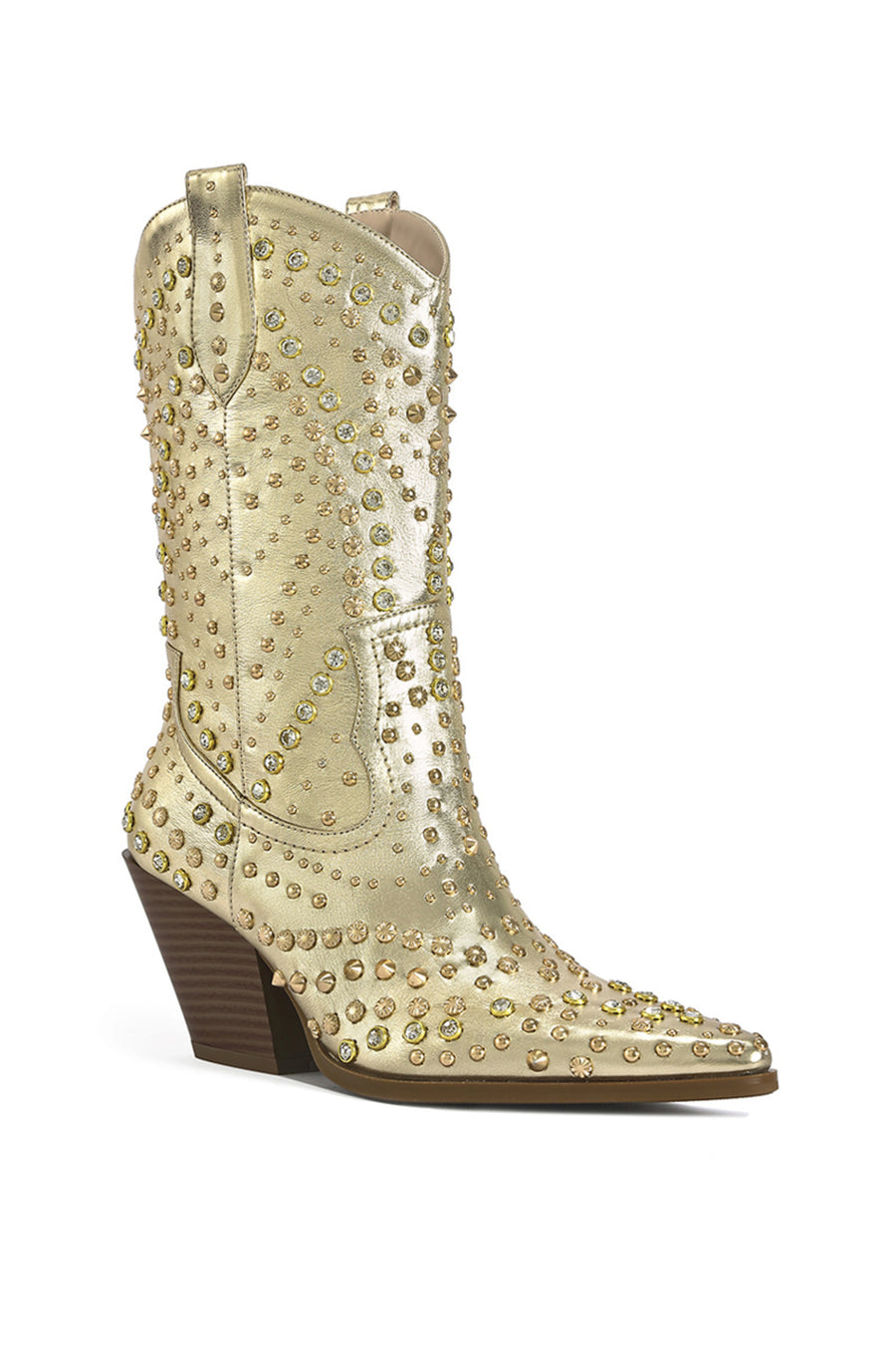gold western inspired cowboy boot with studs and rhinestone embellishments