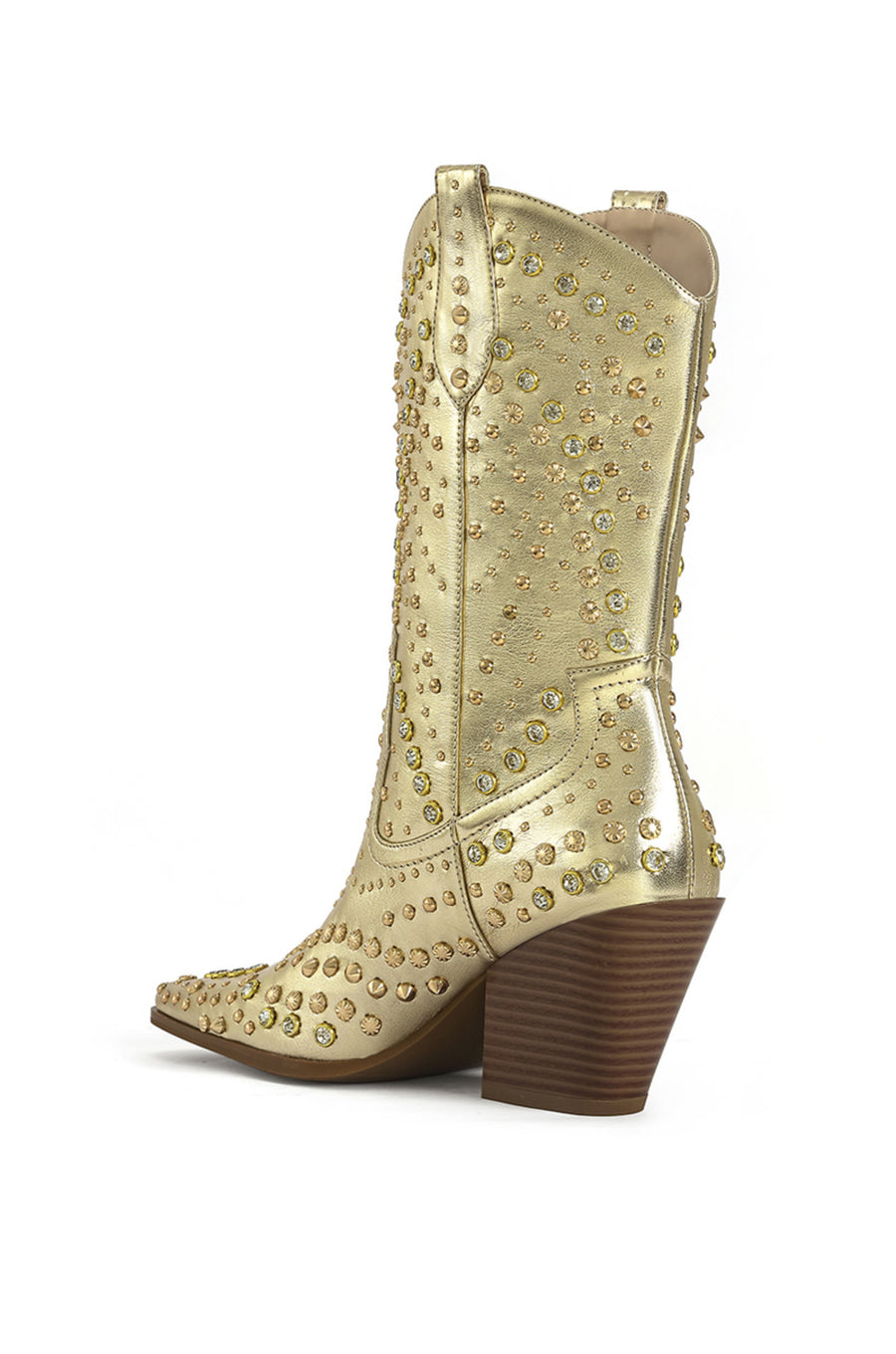 gold western inspired cowboy boot with studs and rhinestone embellishments