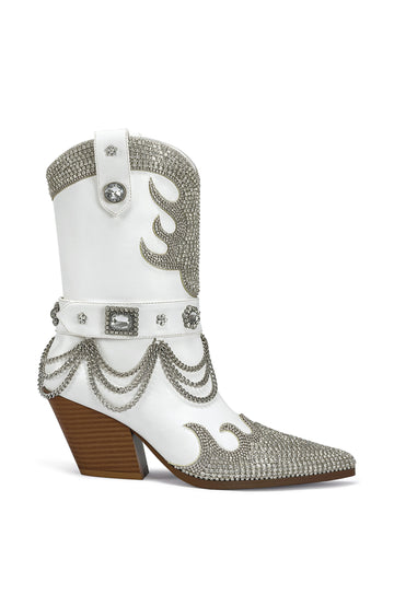 White statement western boot with crystal rhinestone embellished Western pattern and silver chain draping