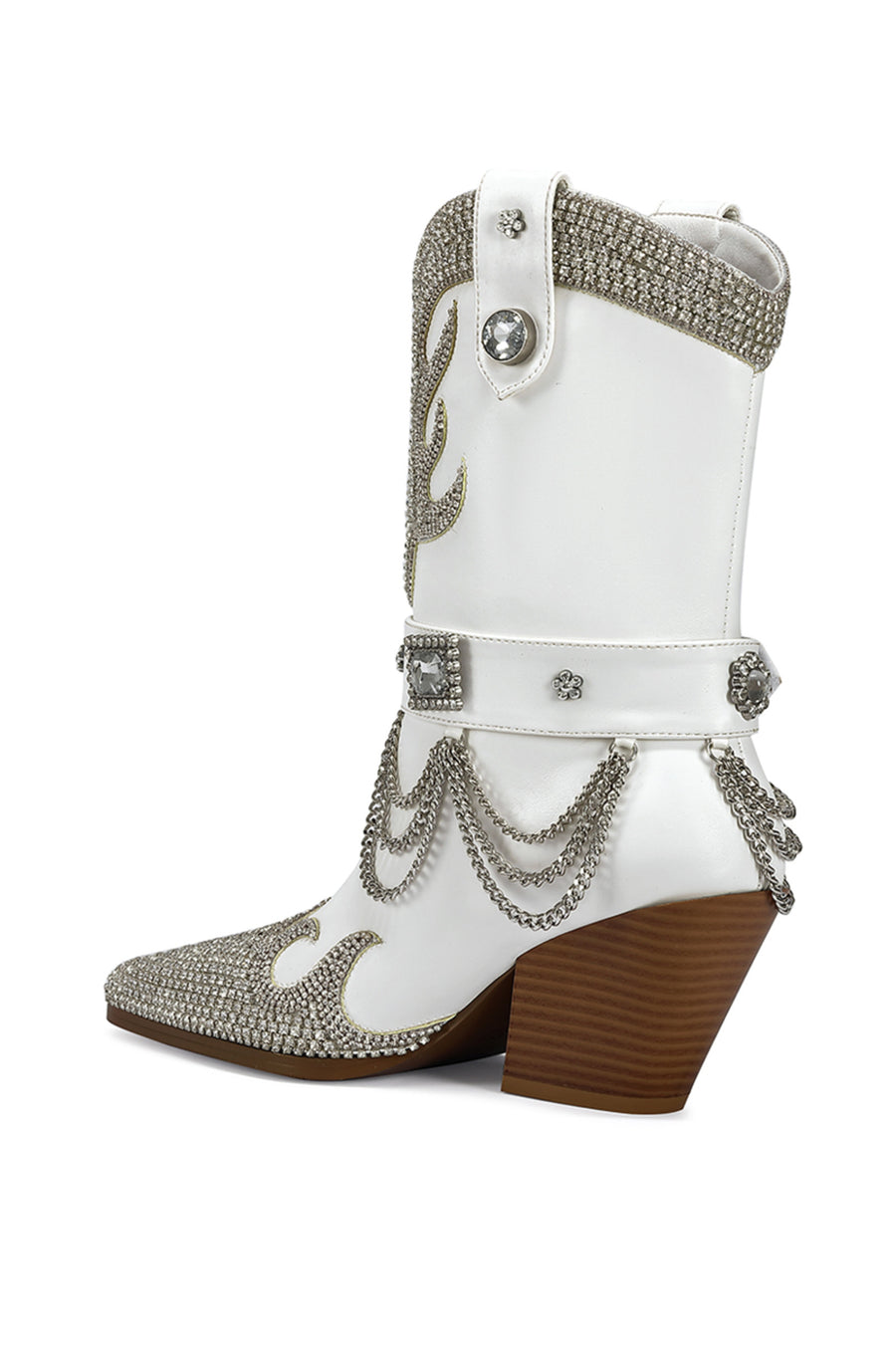 White statement western boot with crystal rhinestone embellished Western pattern and silver chain draping
