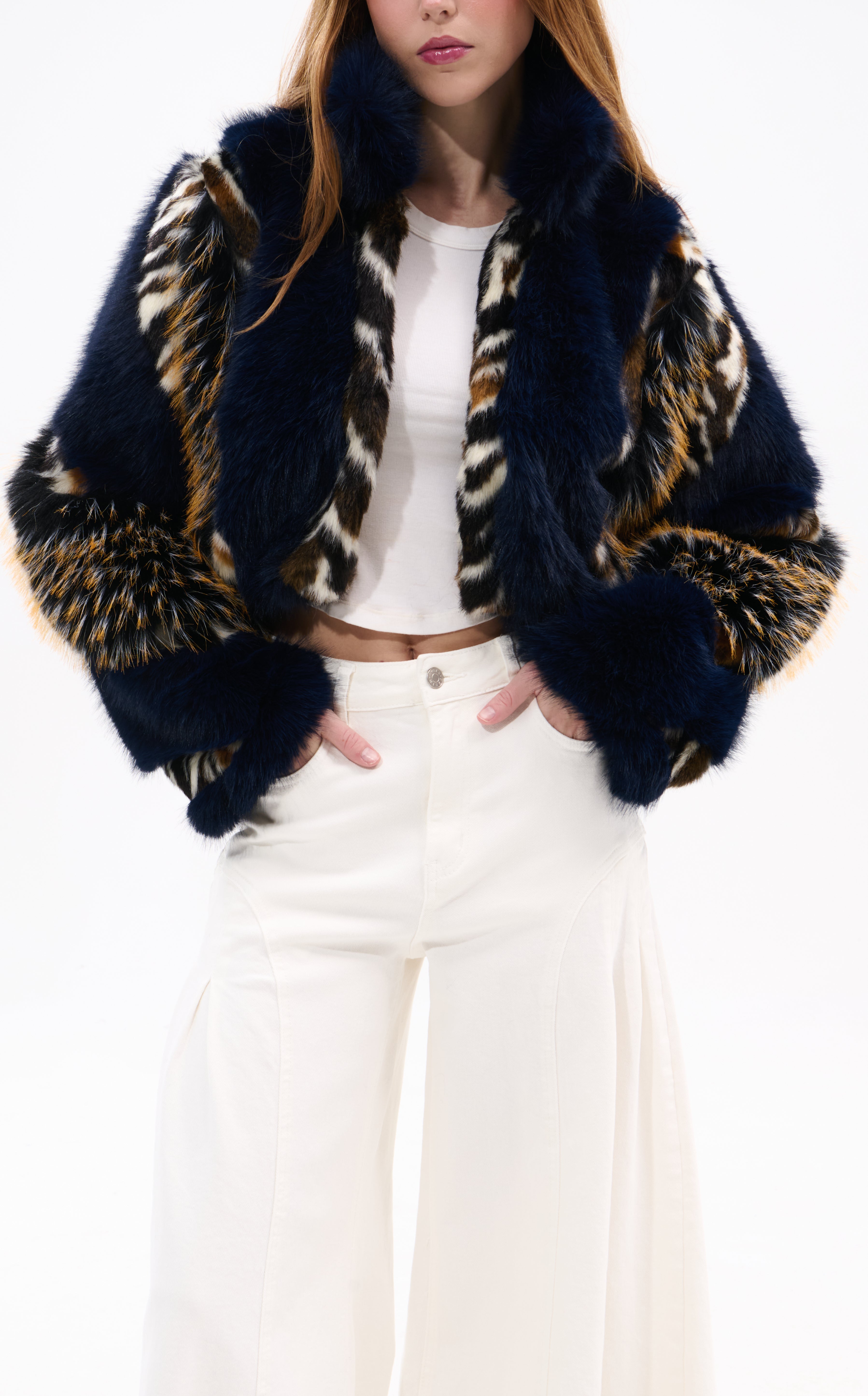 CHIARA-NAVY FAUX FUR JACKET | AZALEA WANG