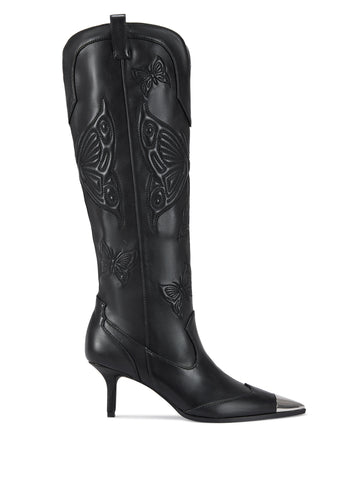 black faux leather pointed toe western inspired boots with a subtle stiletto heel and a butterfly design on the shaft