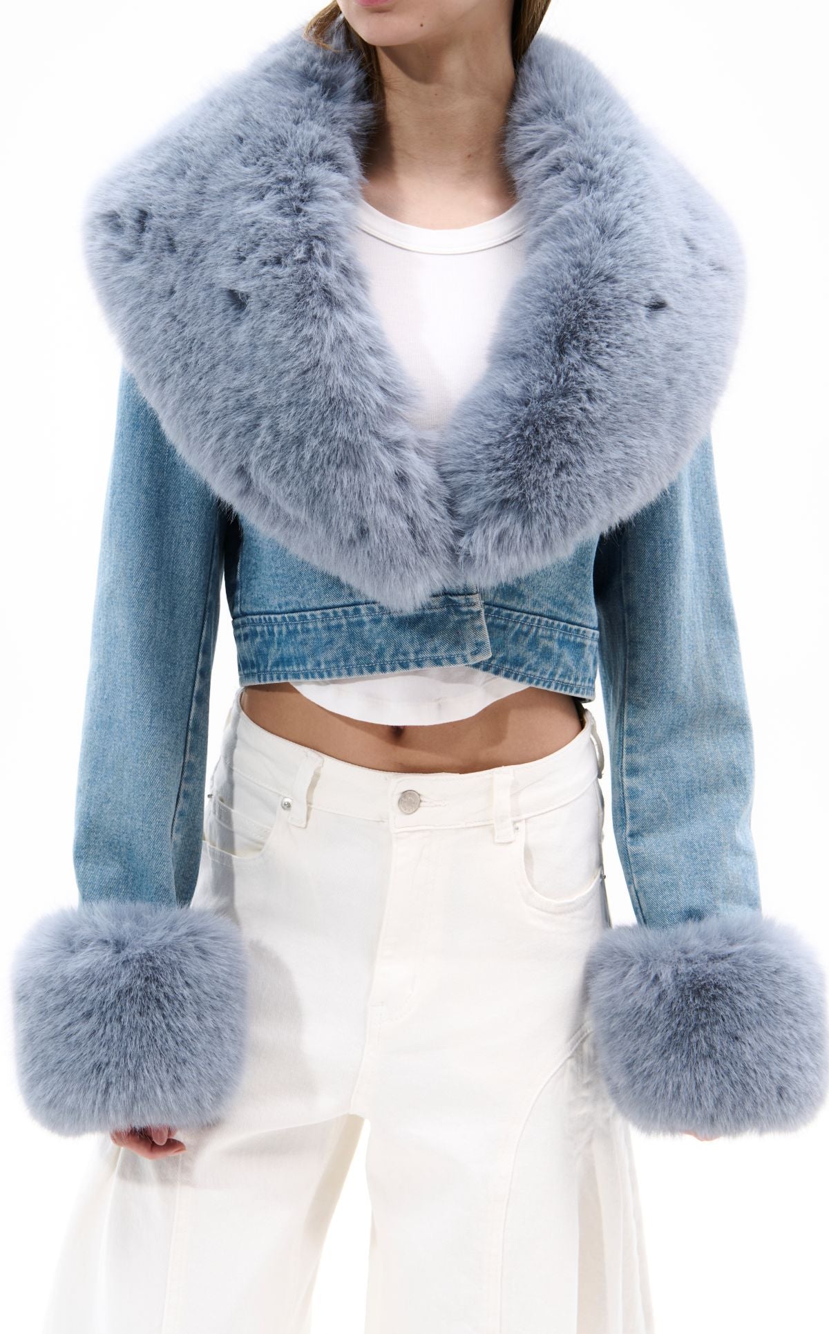 GISELE-DENIM FAUX FUR JACKET | AZALEA WANG
