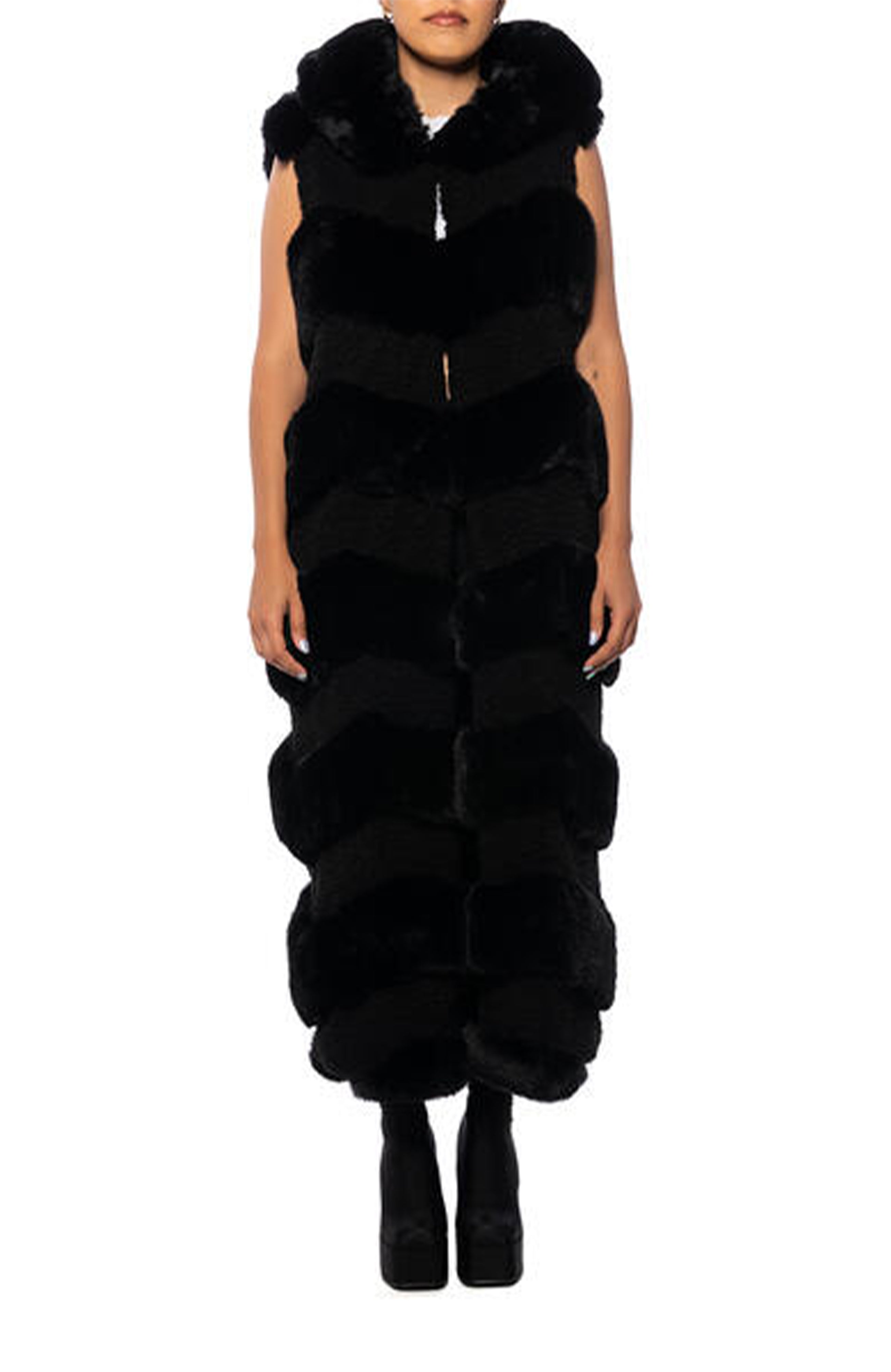 JEMI BLACK CHEVRON FAUX FUR TRENCH VEST