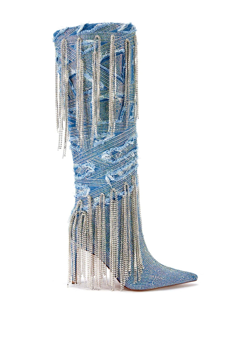 MISCHIEF-DENIM CRYSTAL TASSEL STILETTO BOOT | AZALEA WANG