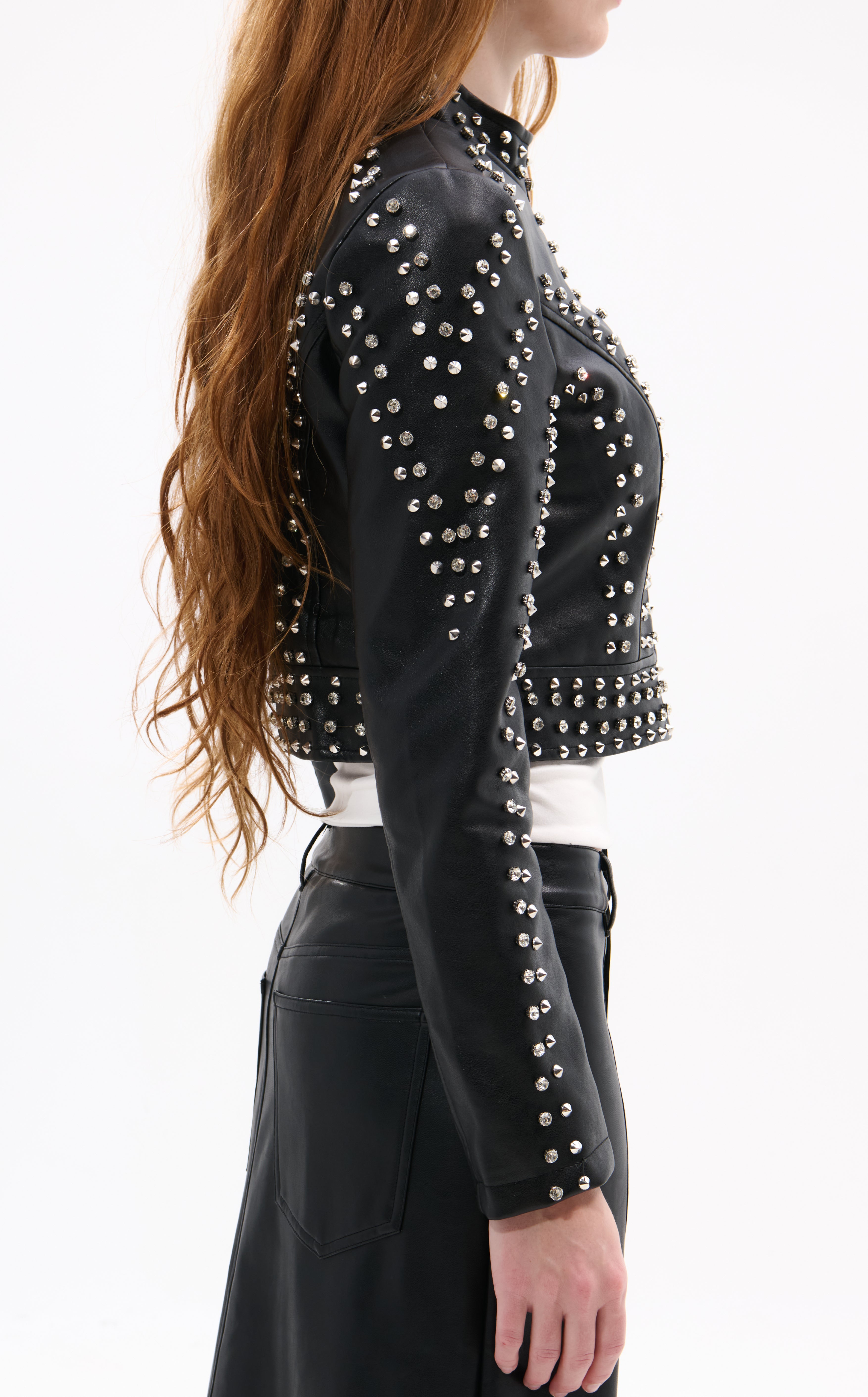 【新品タグ付】acka glossy no collar jacket Azalea Wang O-Ring Sleeve Faux Leather Moto Jacket Size 2X