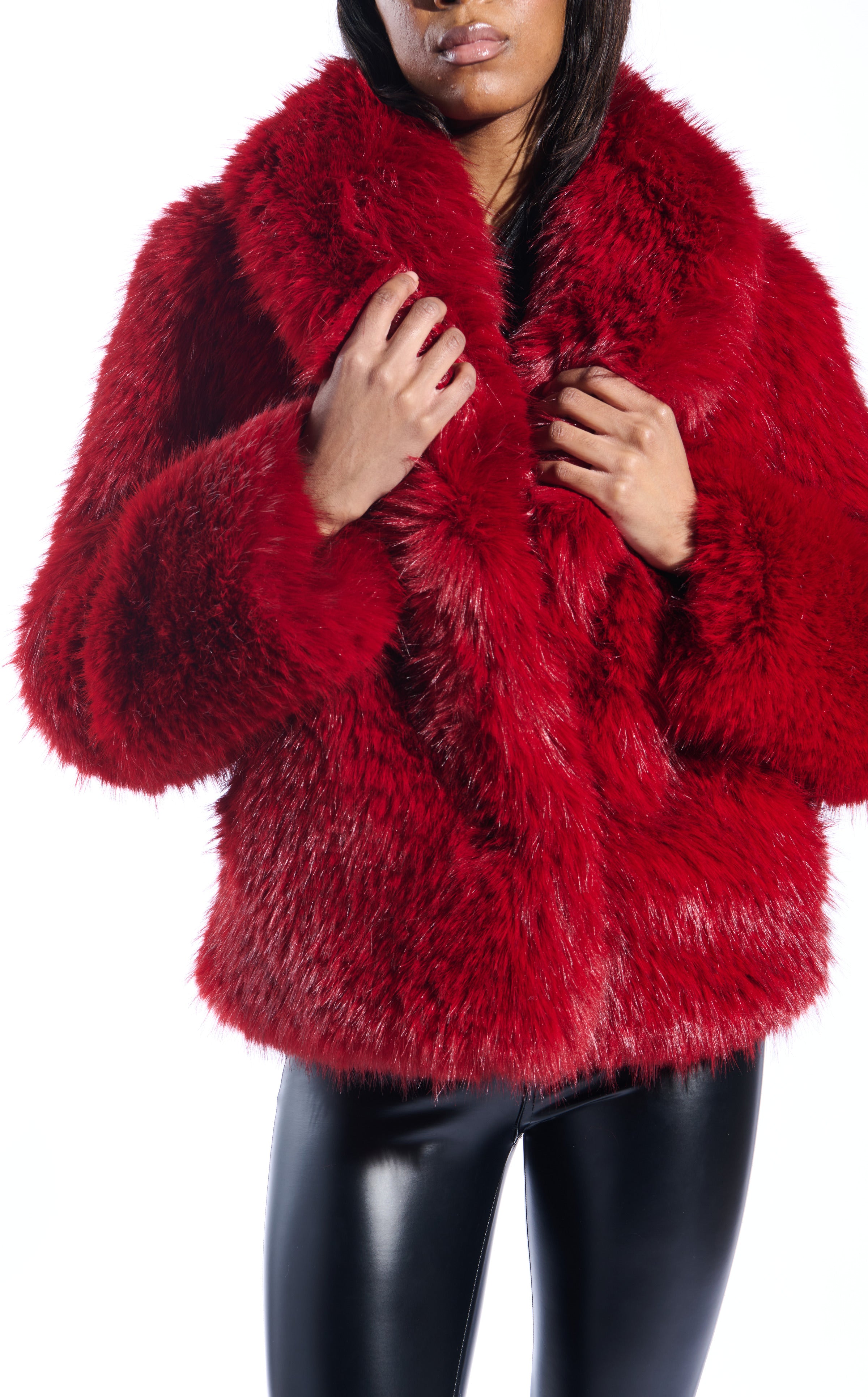 SIMONA-RED FAUX FUR JACKET | AZALEA WANG