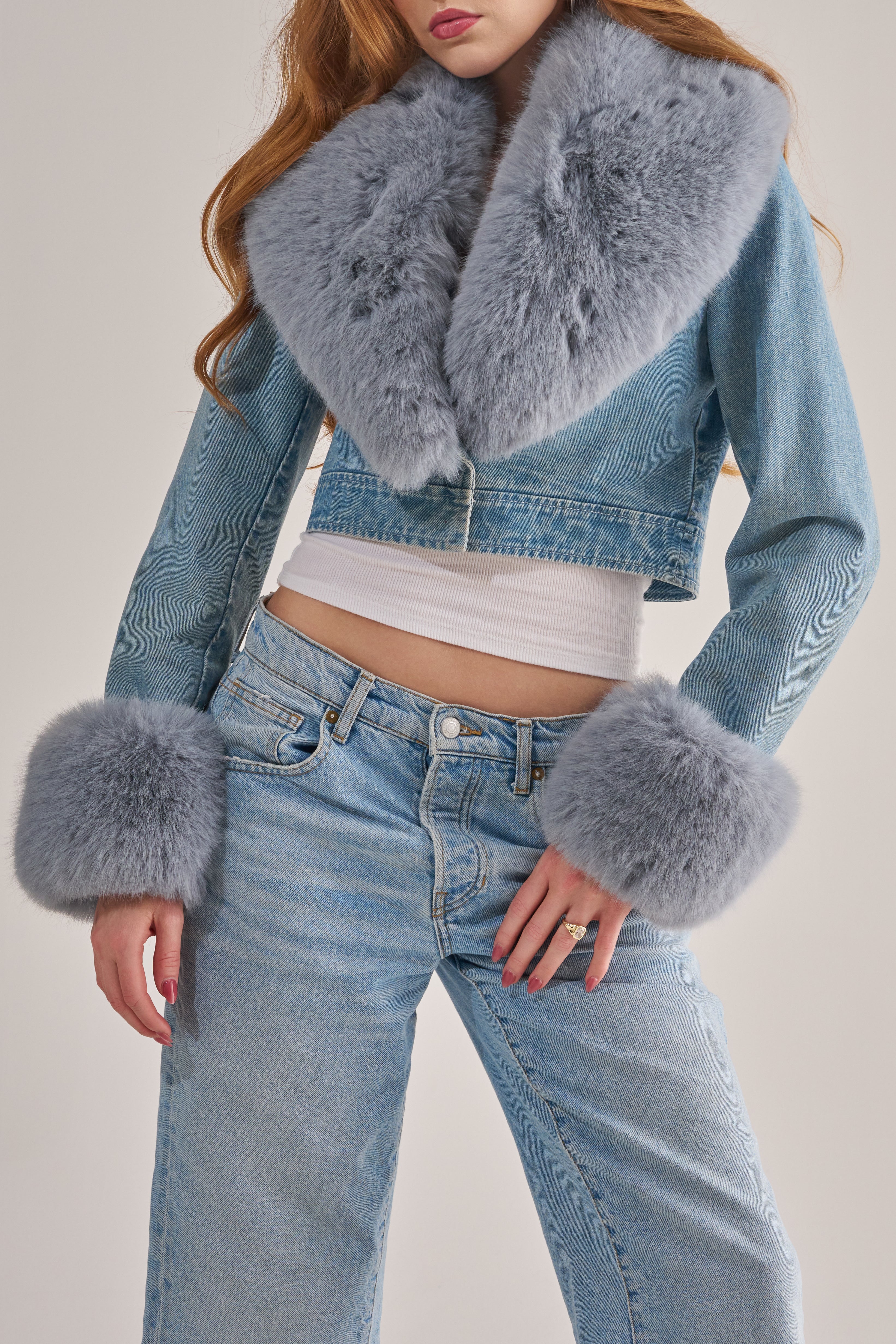 GISELE-DENIM FAUX FUR JACKET | AZALEA WANG
