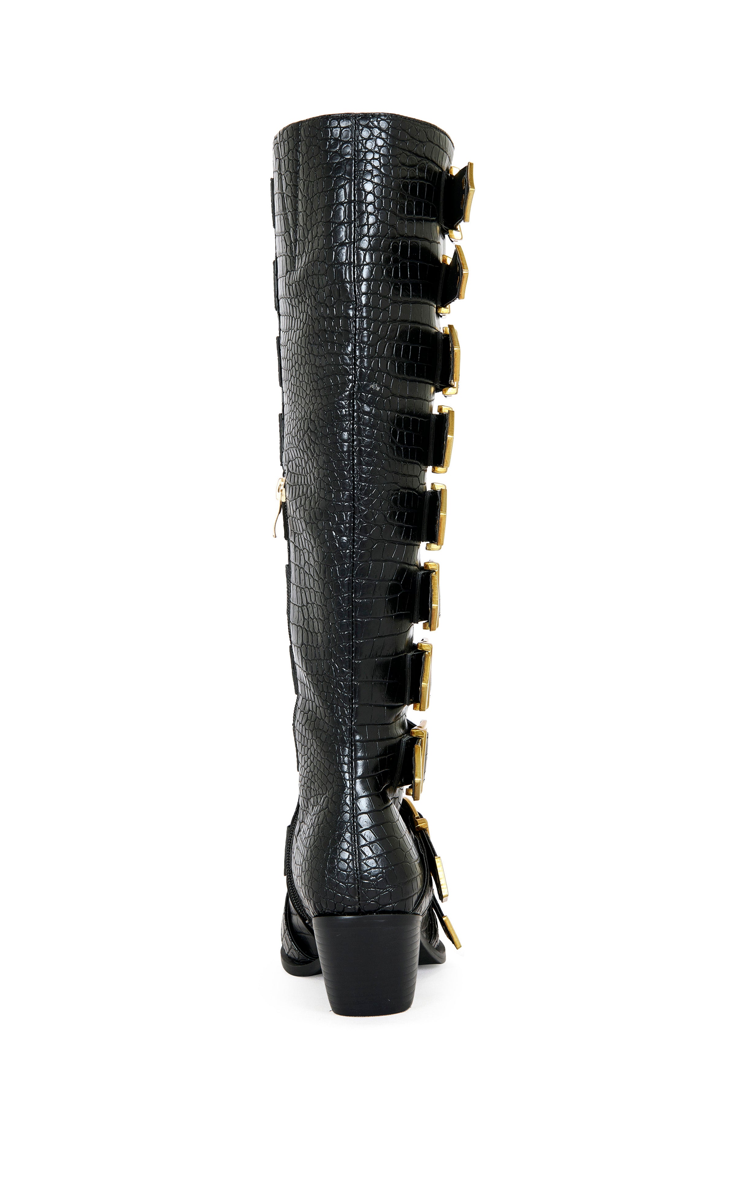DOPPELGANGER　BLACKQUEEN AZALEA WANG CINZIA BLACK CROC BUCKLE WEDGE BOOT – AKIRA