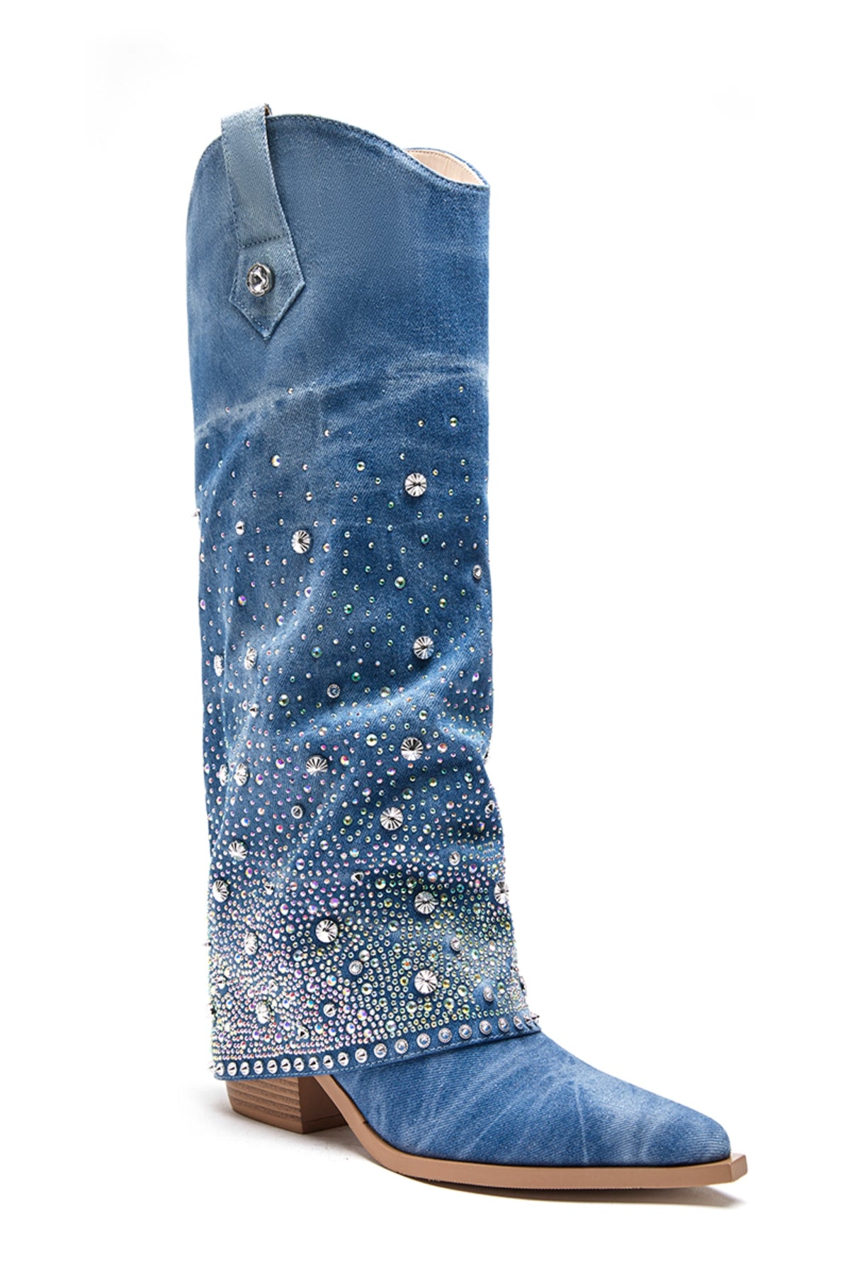 Frankie Hsu Women's Embroidered Denim Cowboy Boots - Rhinestone Knee High, Wide Calf, Size 11