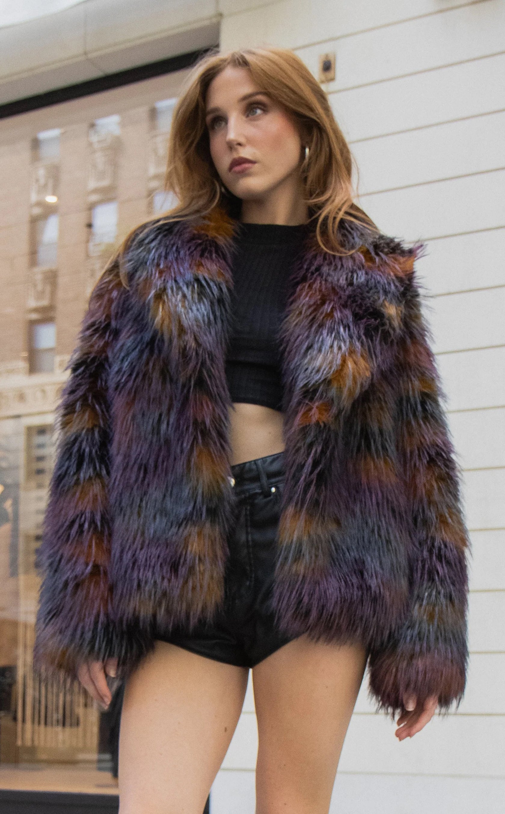 ジャケット・アウター pellicule front gather furcoat REMME-BURGUNDYMULTI FAUX FUR JACKET | AZALEA WANG