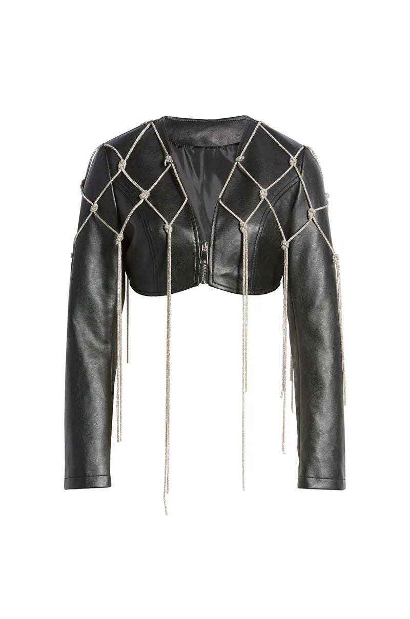 Black Leather Studded Jacket With Chains