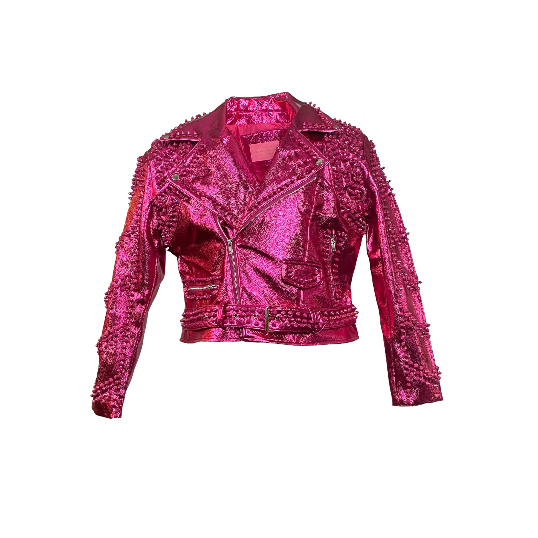 Belted Faux Leather Moto Jacket - Pink