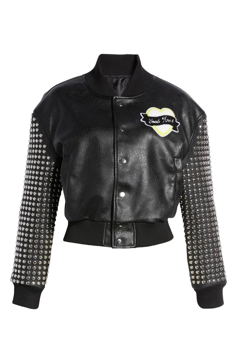Black Leather Studded Bomber Jacket