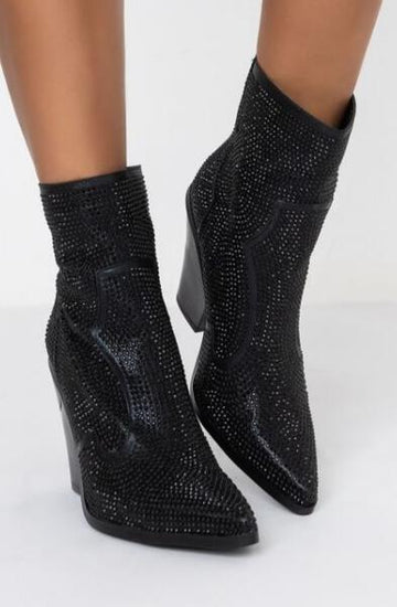 black rhinestone embellished western ankle boot