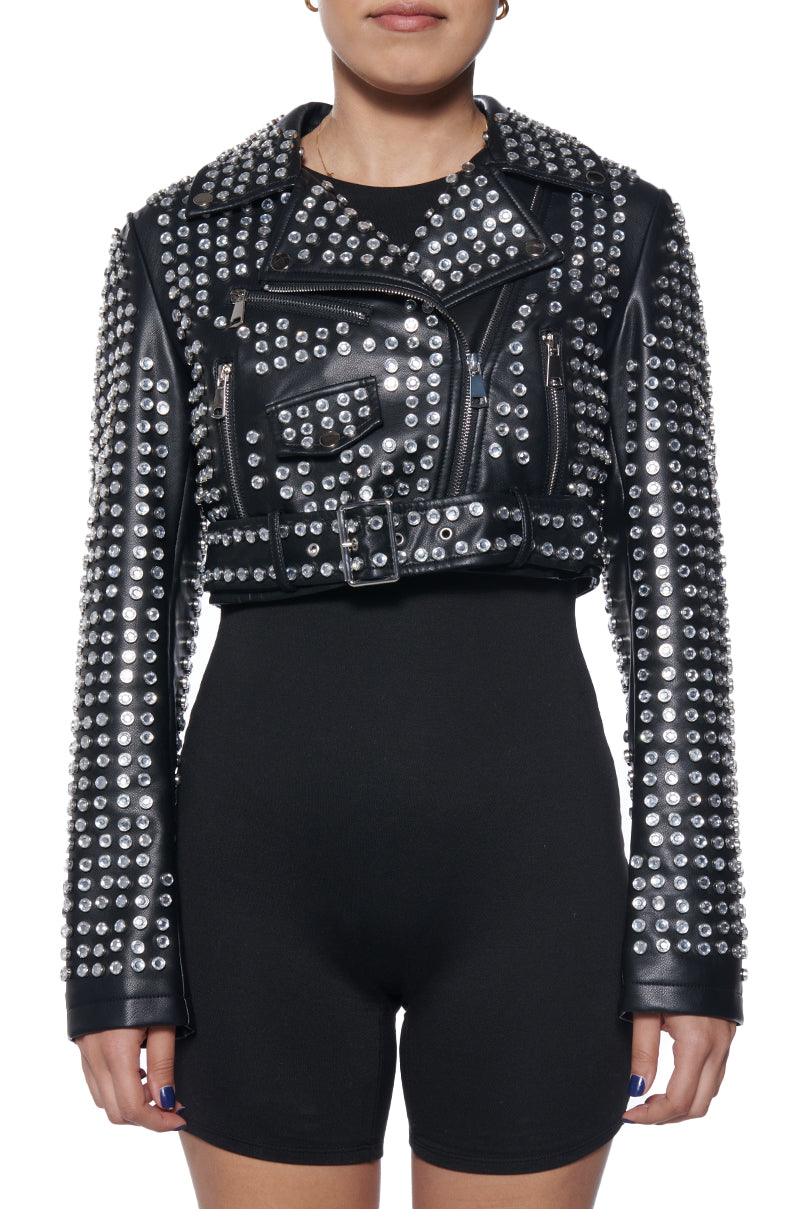 black cropped faux leather moto jacket embellished with silver rhinestone gems all over