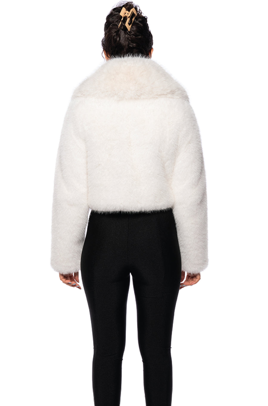back view of luxurious white faux fur cropped statement jacket