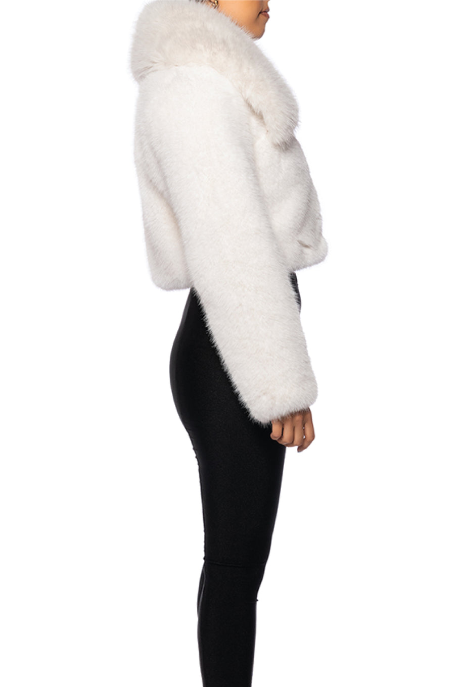side view of luxurious white faux fur cropped statement jacket