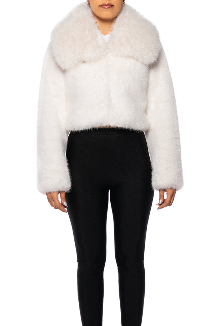 front view of luxurious white faux fur cropped statement jacket