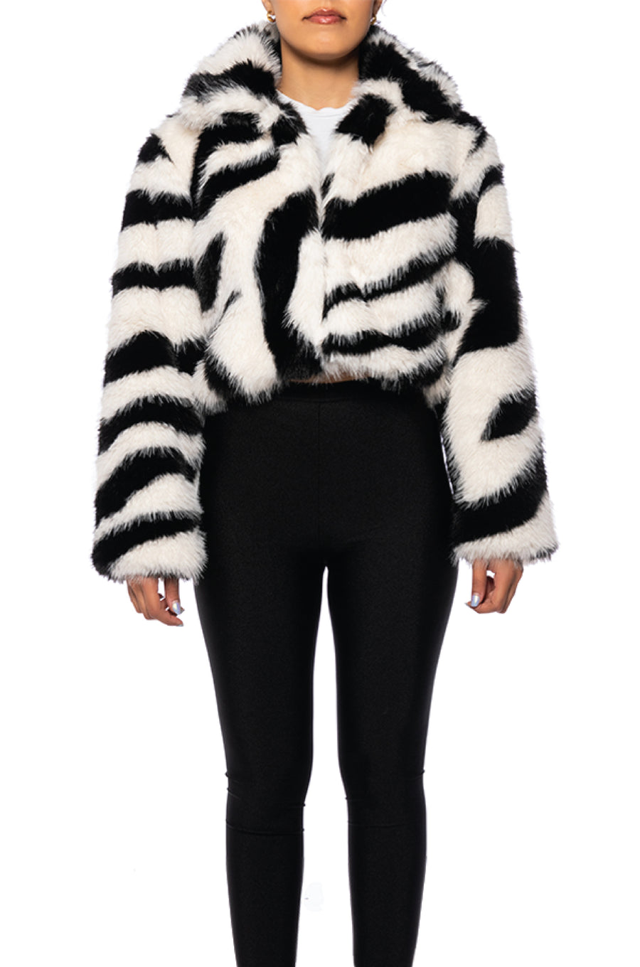 black and white zebra print faux fur cropped jacket