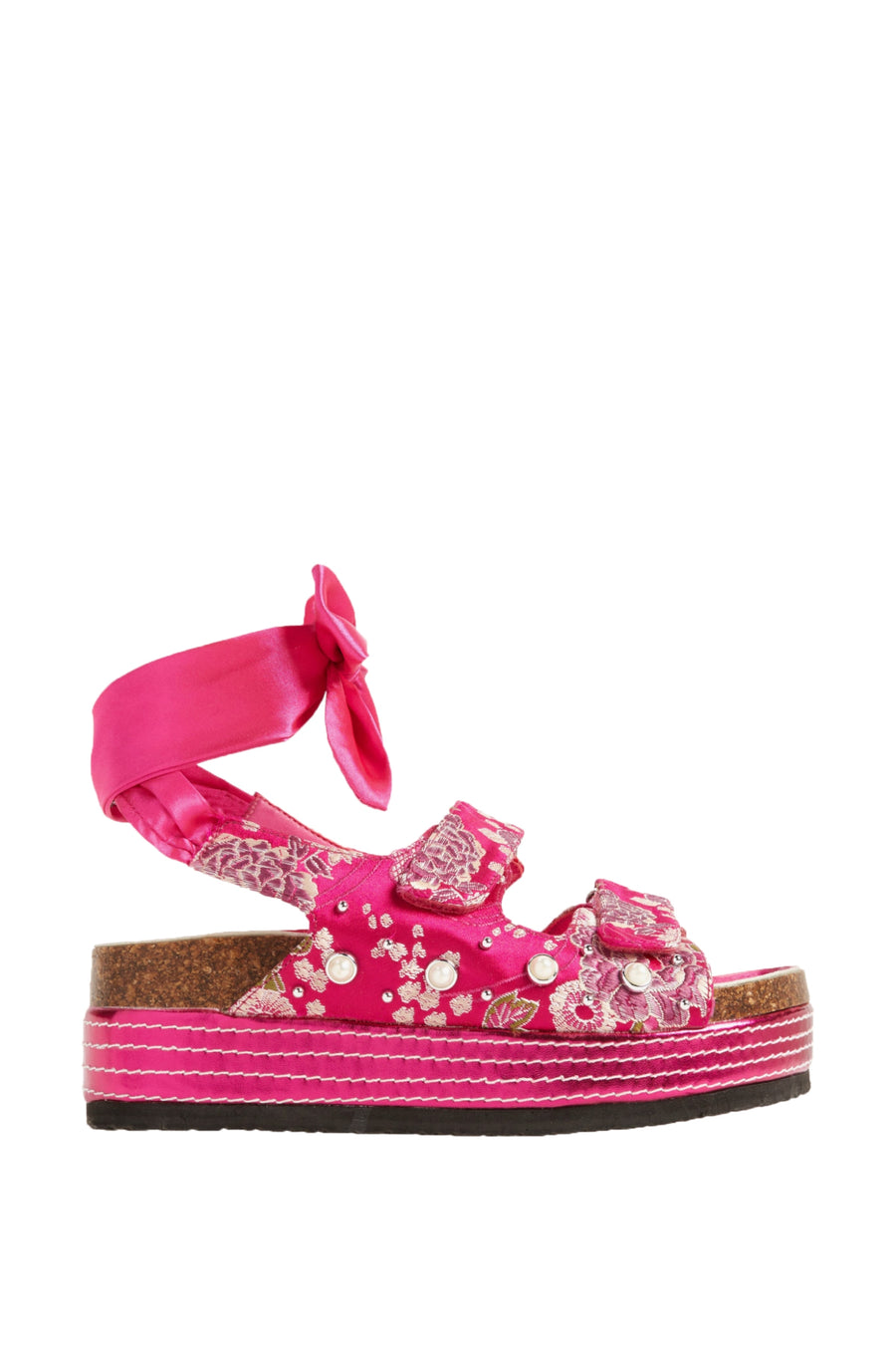 MACKLEY-PINK BROCADE TIE UP FLATFORM SANDAL