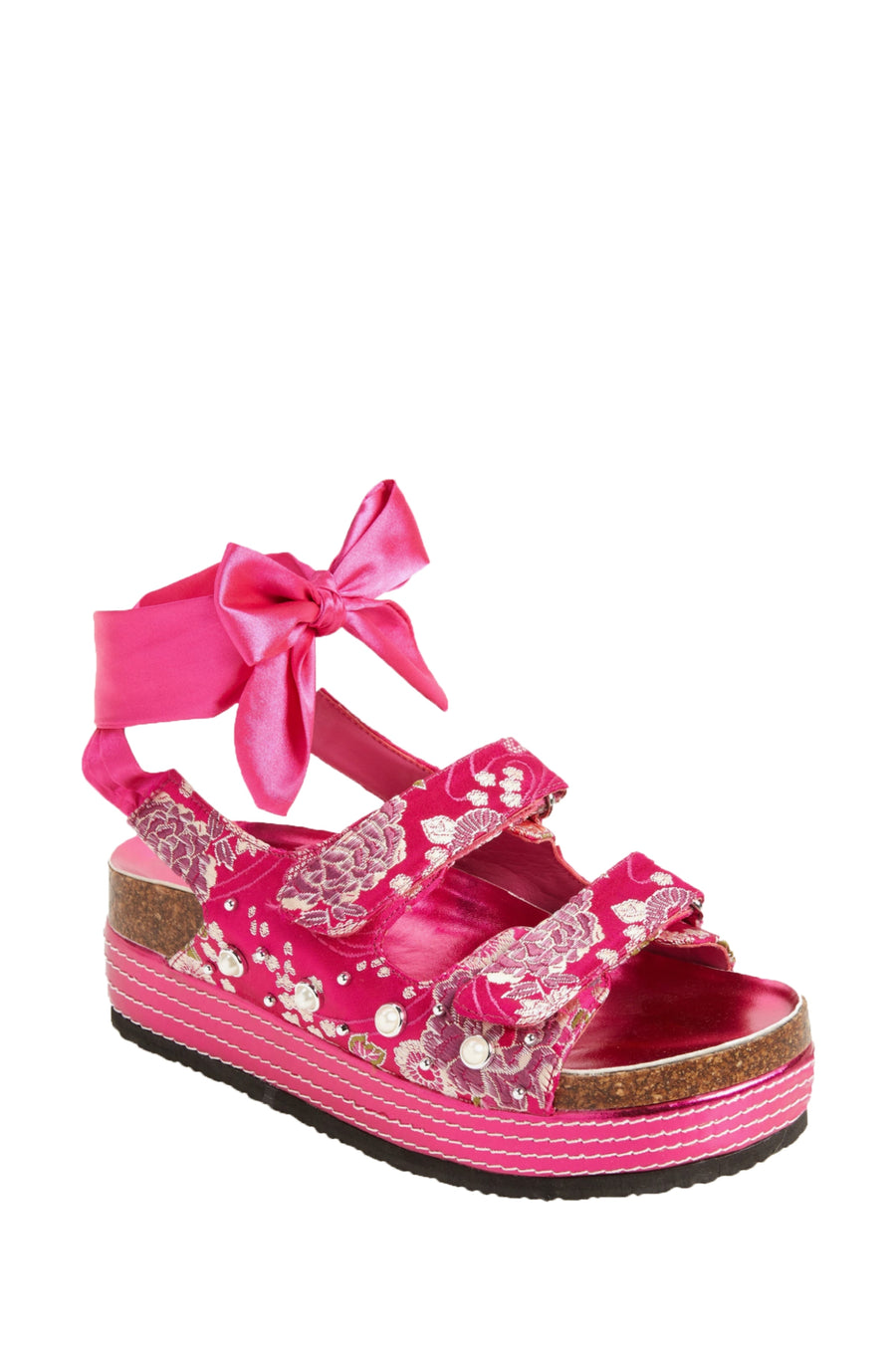 MACKLEY-PINK BROCADE TIE UP FLATFORM SANDAL