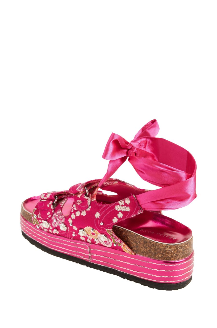 MACKLEY-PINK BROCADE TIE UP FLATFORM SANDAL