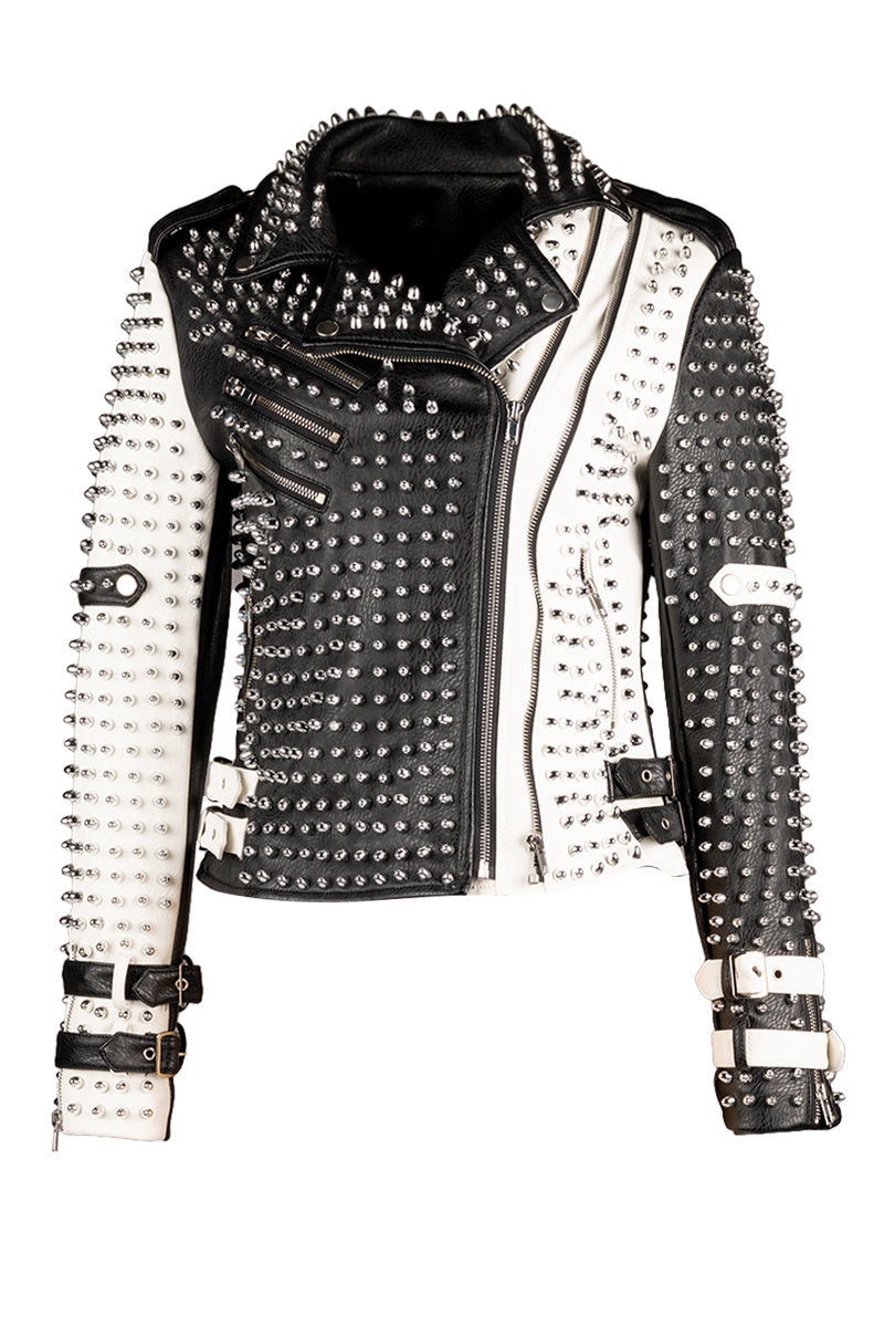 black and white studded faux leather statement moto jacket perfect for an edgy outfit