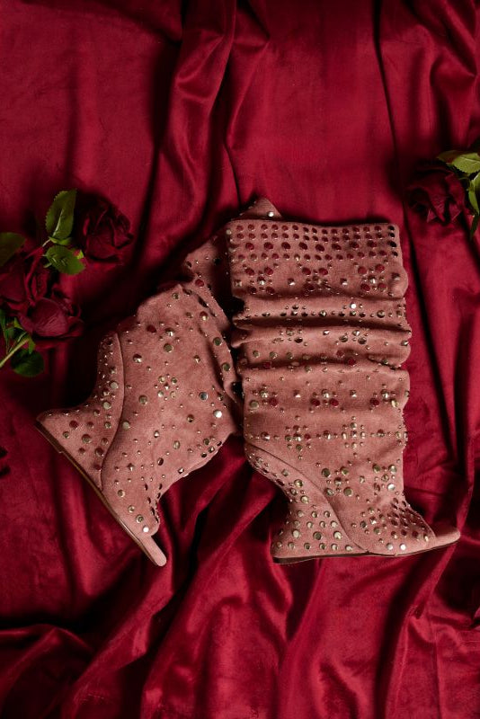 NAOMANI-PINK CURVED WEDGE STUDDED BOOTIE