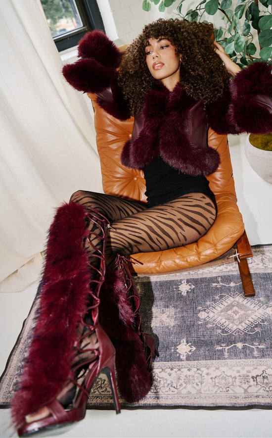 STAMOS-MERLOT FAUX FUR GLADIATOR SANDAL BOOT