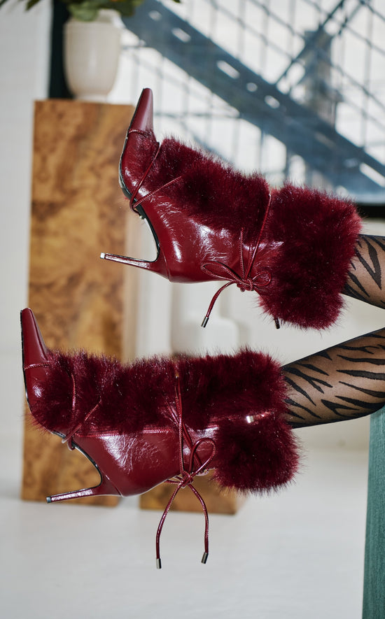 MAHTAMA-BURGUNDY FAUX FUR STILETTO BOOTIE