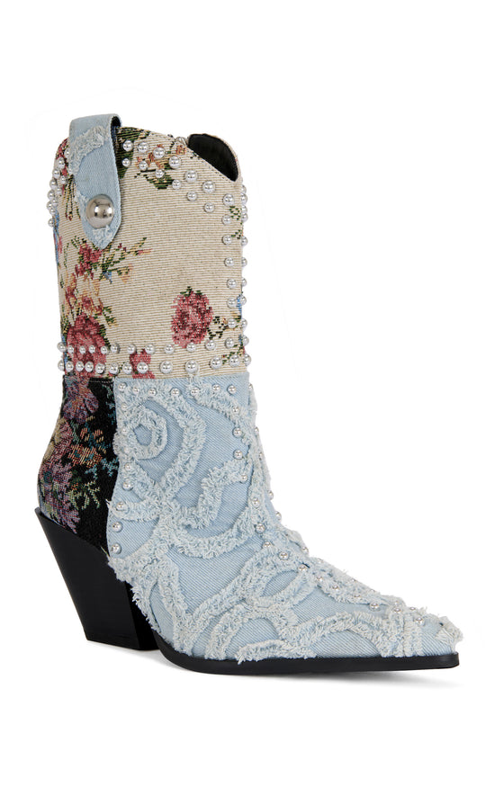 AKARI-DENIMMULTI PATCHWORK WESTERN BOOTIE