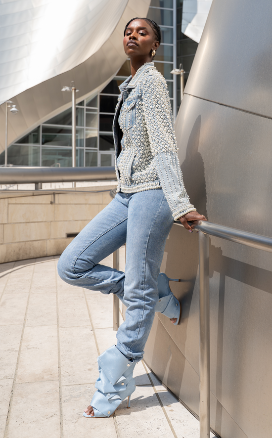 BIRDSONG-DENIM LIQUID LUXE PEEP TOE STILETTO BOOTIE
