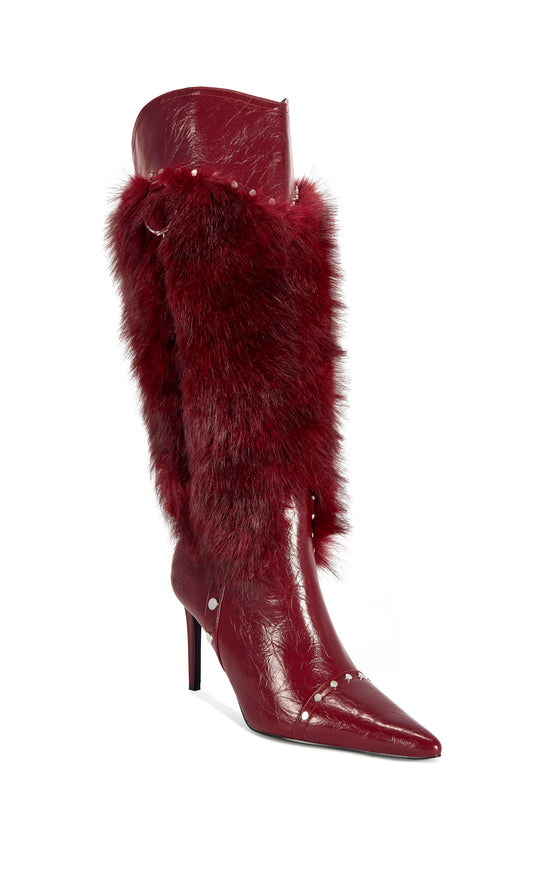 ALISETTE-BURGUNDY FAUX FUR STILETTO BOOT