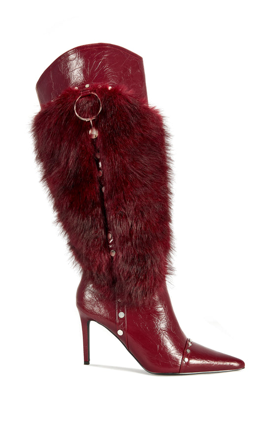 ALISETTE-BURGUNDY FAUX FUR STILETTO BOOT