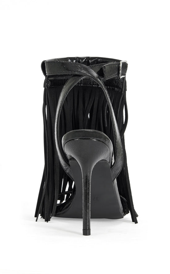 ANTIQUE-BLACK FRINGE STILETTO SANDAL