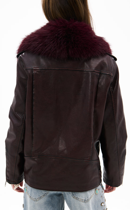 AURELIA-BURGUNDY FAUX FUR MOTO JACKET