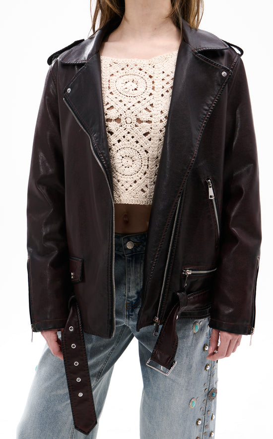 AURELIA-BURGUNDY FAUX FUR MOTO JACKET