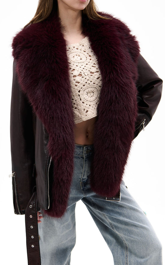 AURELIA-BURGUNDY FAUX FUR MOTO JACKET