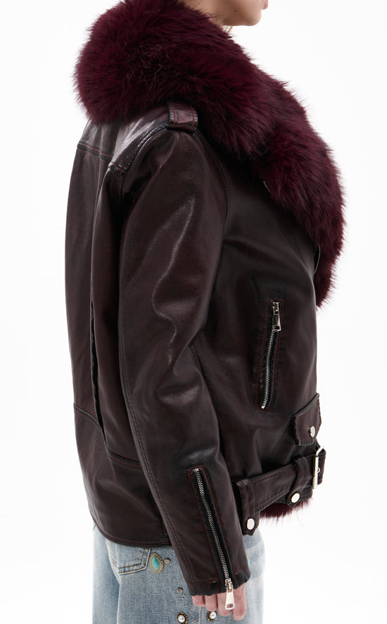 AURELIA-BURGUNDY FAUX FUR MOTO JACKET