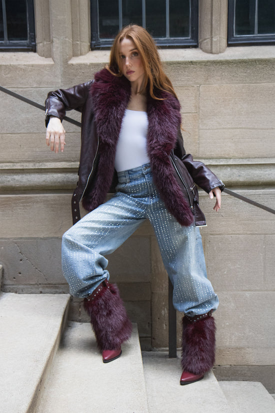 AURELIA-BURGUNDY FAUX FUR MOTO JACKET