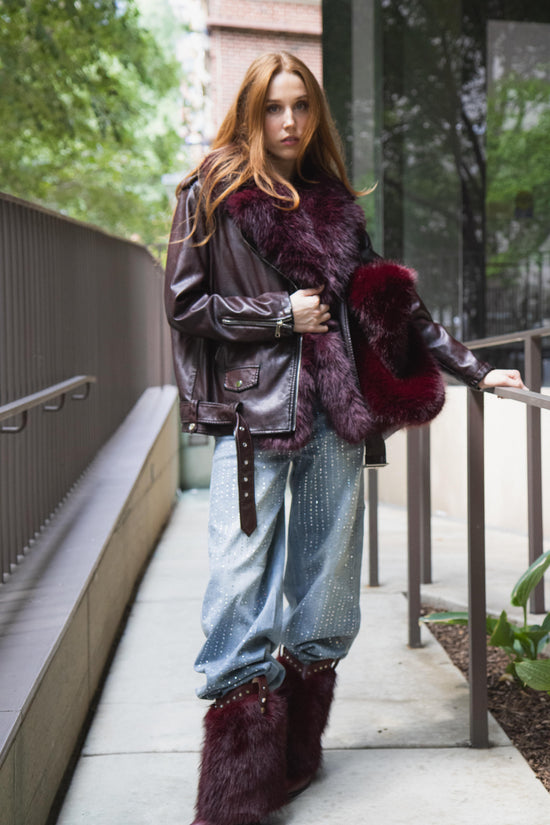AURELIA-BURGUNDY FAUX FUR MOTO JACKET
