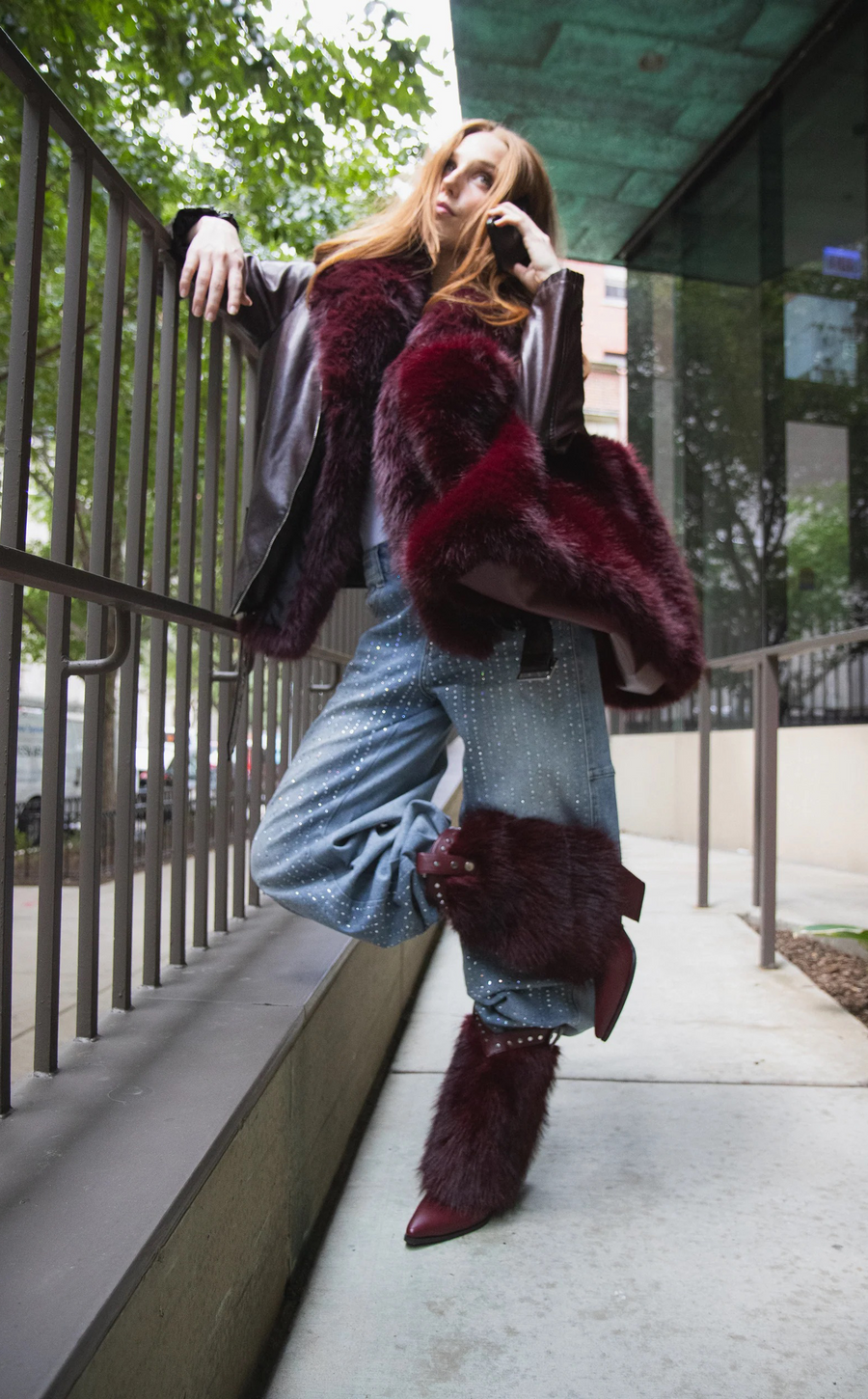 ROXANA-BURGUNDY FAUX FUR HANDBAG