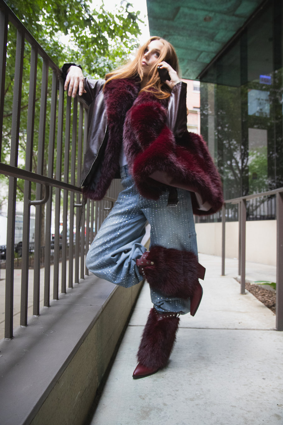 ROXANA-BURGUNDY FAUX FUR HANDBAG