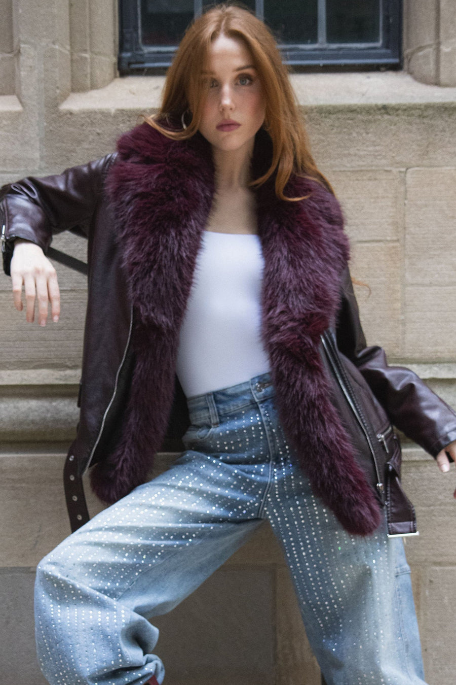 AURELIA-BURGUNDY FAUX FUR MOTO JACKET