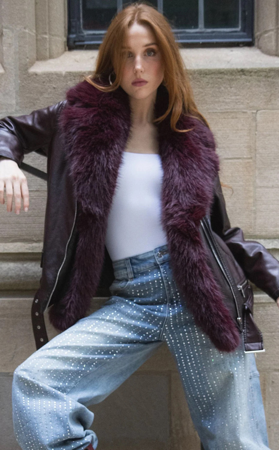 AURELIA-BURGUNDY FAUX FUR MOTO JACKET