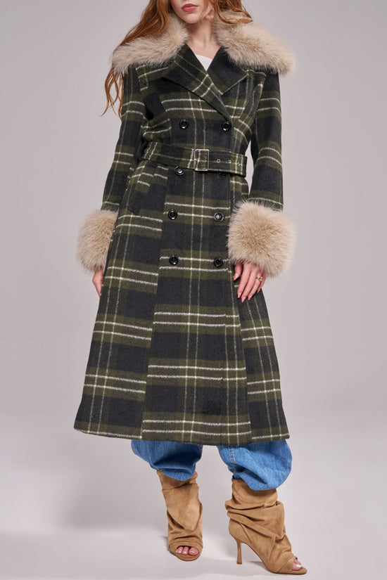 AVENNA-GREENPLAID LONG FAUX FUR TRENCH COAT