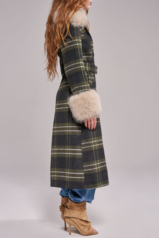 AVENNA-GREENPLAID LONG FAUX FUR TRENCH COAT