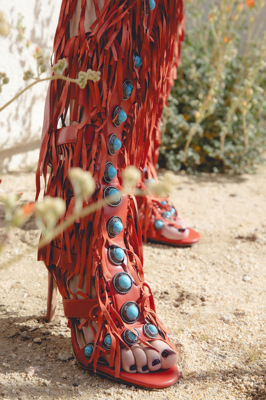 AMADEO-RED FRINGE GLADIATOR SANDAL BOOT